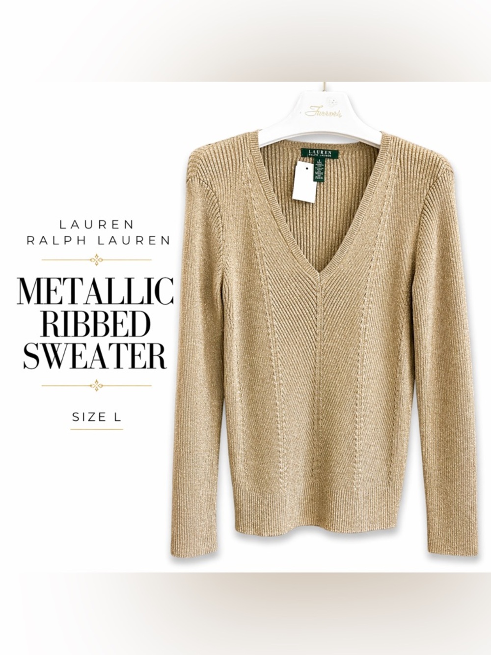 Lauren Ralph Lauren Shimmery Gold Ribbed V-Neck Sweater